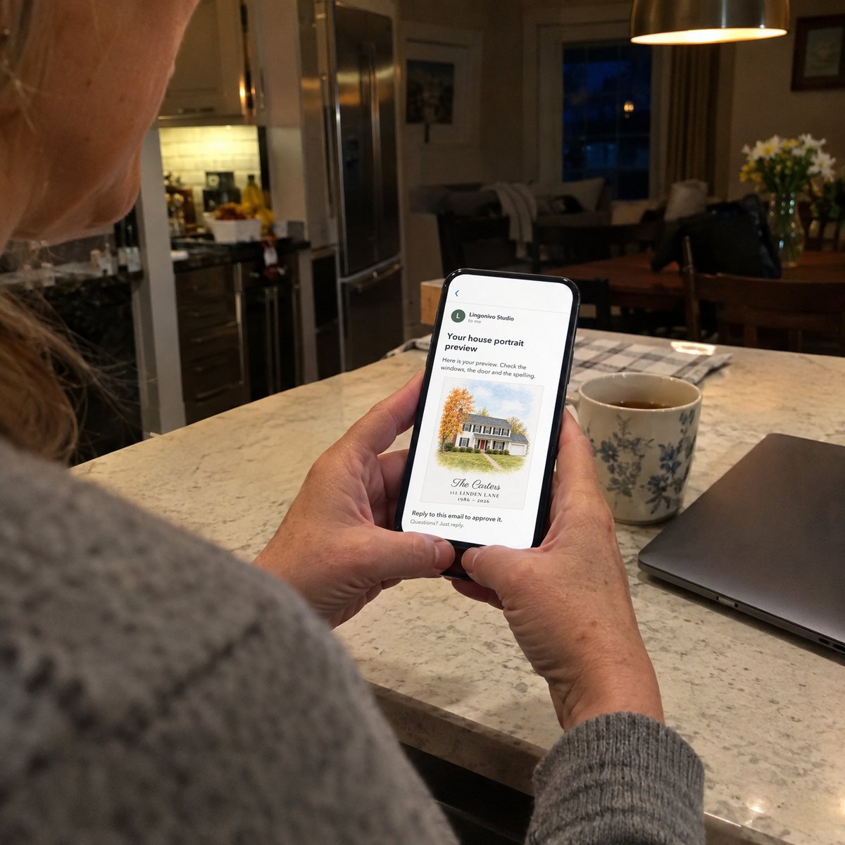 A phone showing the email preview of a house portrait before it is printed
