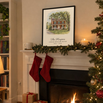 Framed house portrait on a Christmas mantel with a pine garland