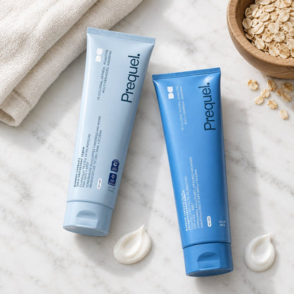 The two creams on a bathroom counter with oats