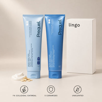 Barrier Therapy Cream Duo with the lingo box: 1% colloidal oatmeal, 5 ceramides, unscented
