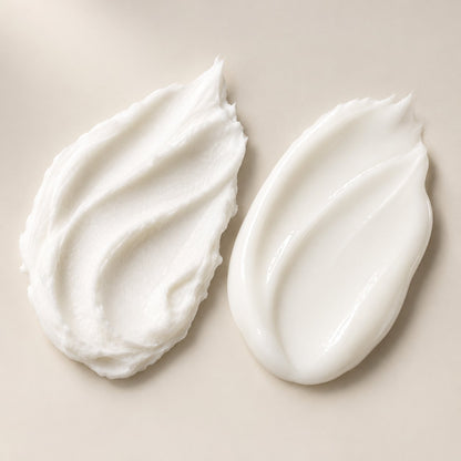 The two textures: light and whipped, rich and balm-like
