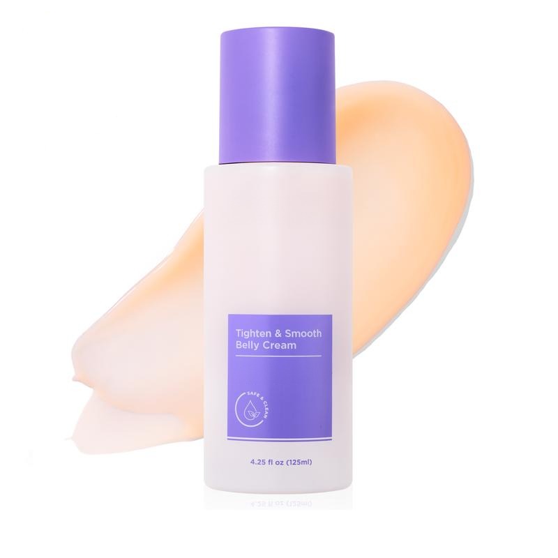 Belly firming cream in a frosted pump bottle with a purple cap and purple label, next to a swatch of the light peach cream