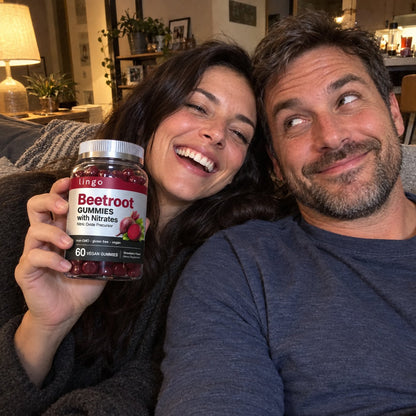 A couple laughing on the couch, she holds the beetroot gummies jar