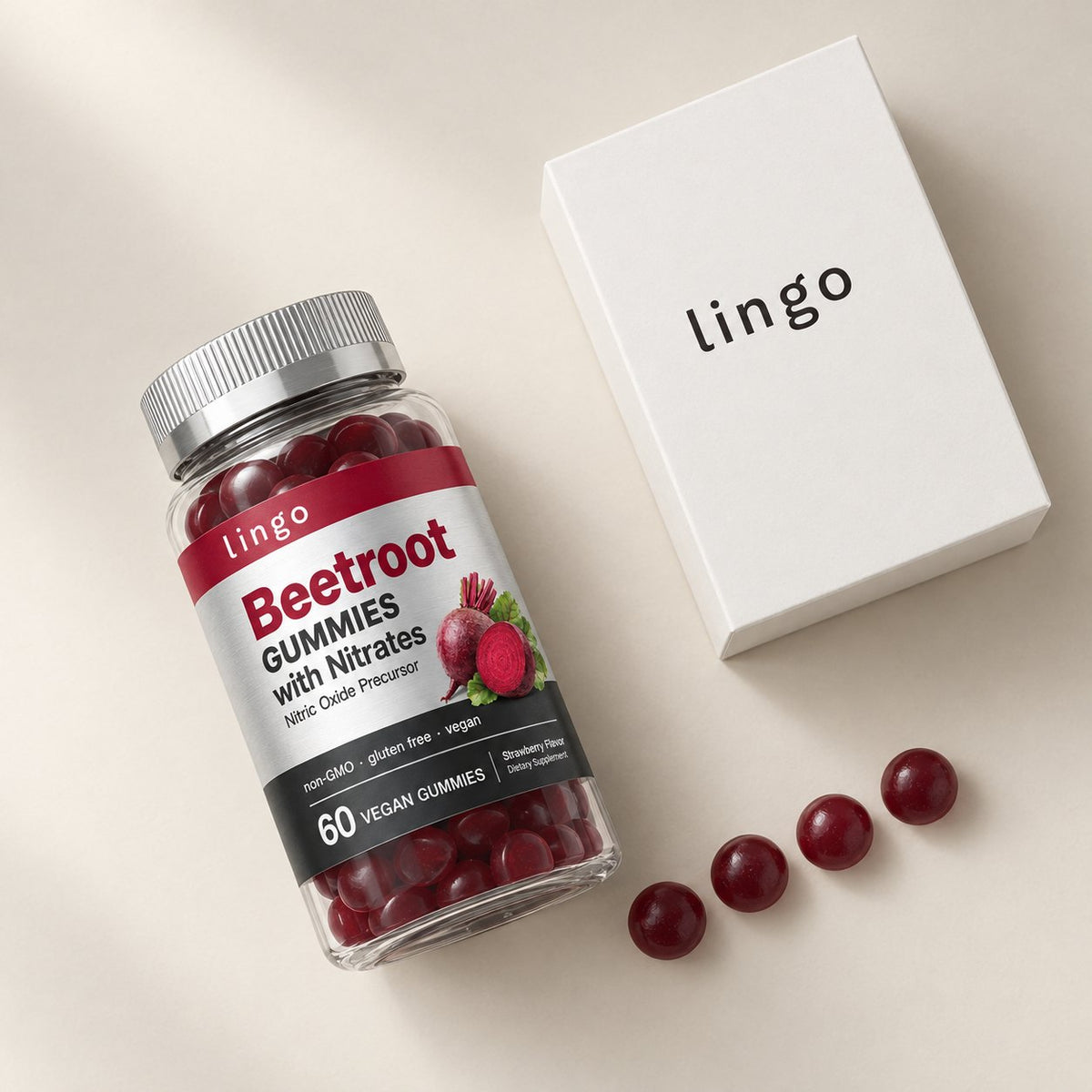 What's in the box: the beetroot gummies jar, its lingo box and four gummies