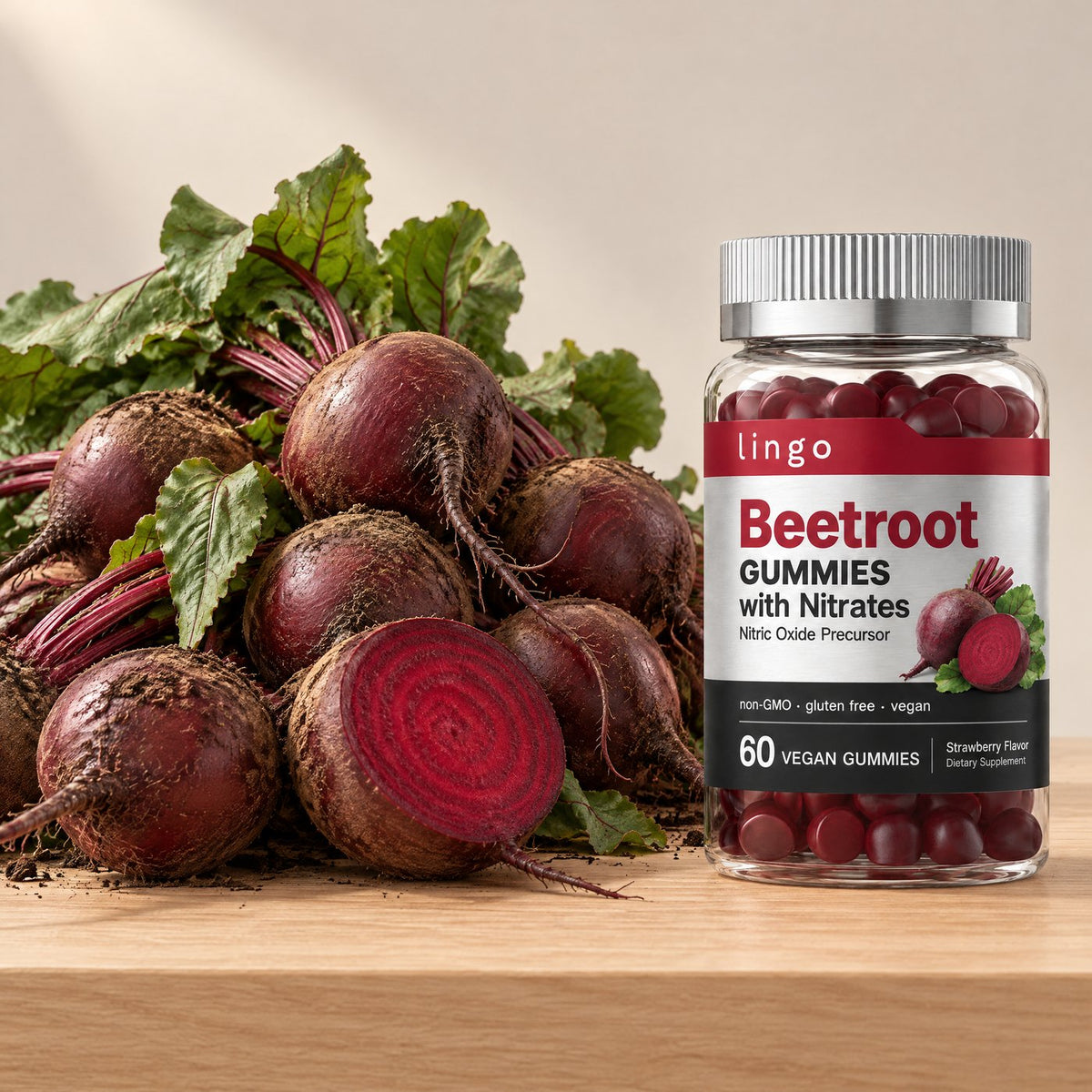 One jar of beetroot gummies next to a big pile of fresh beets