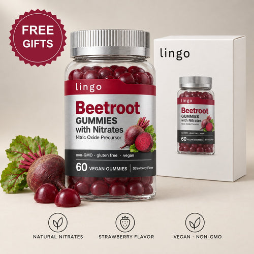 Beetroot gummies jar with its lingo box and FREE GIFTS badge: natural nitrates, strawberry flavor, vegan and non-GMO