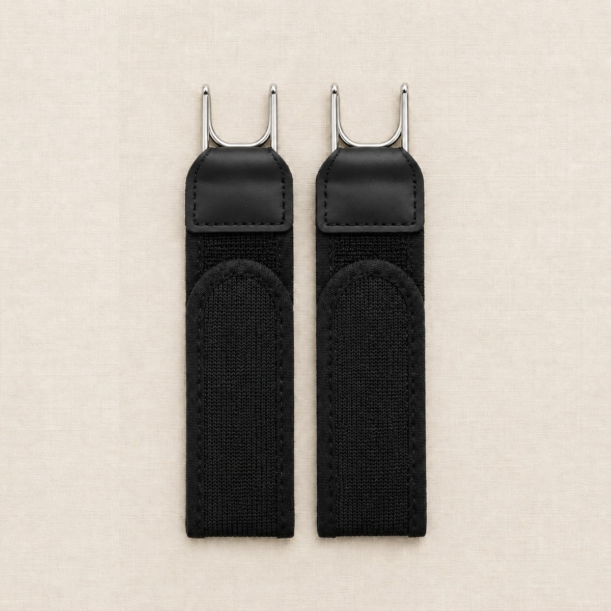 Black no-buckle belt straps, set of 2, with metal hooks and stitched tabs