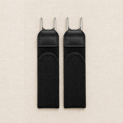 Black no-buckle belt straps, set of 2, with metal hooks and stitched tabs