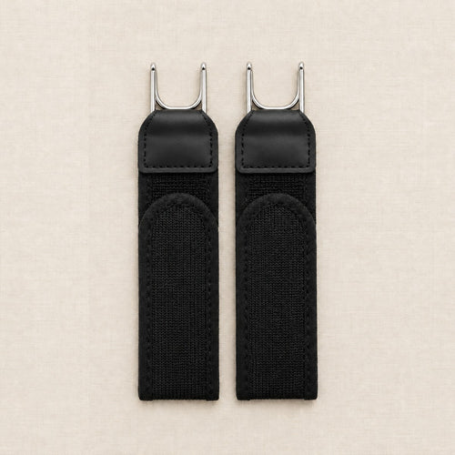 Black no-buckle belt straps, set of 2, with metal hooks and stitched tabs