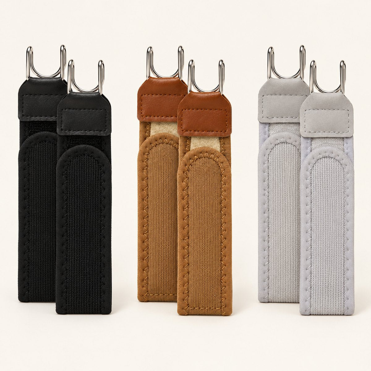 No-buckle belt straps in black, brown and white