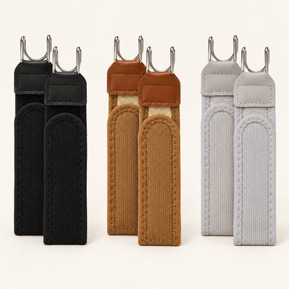 No-buckle belt straps in black, brown and white