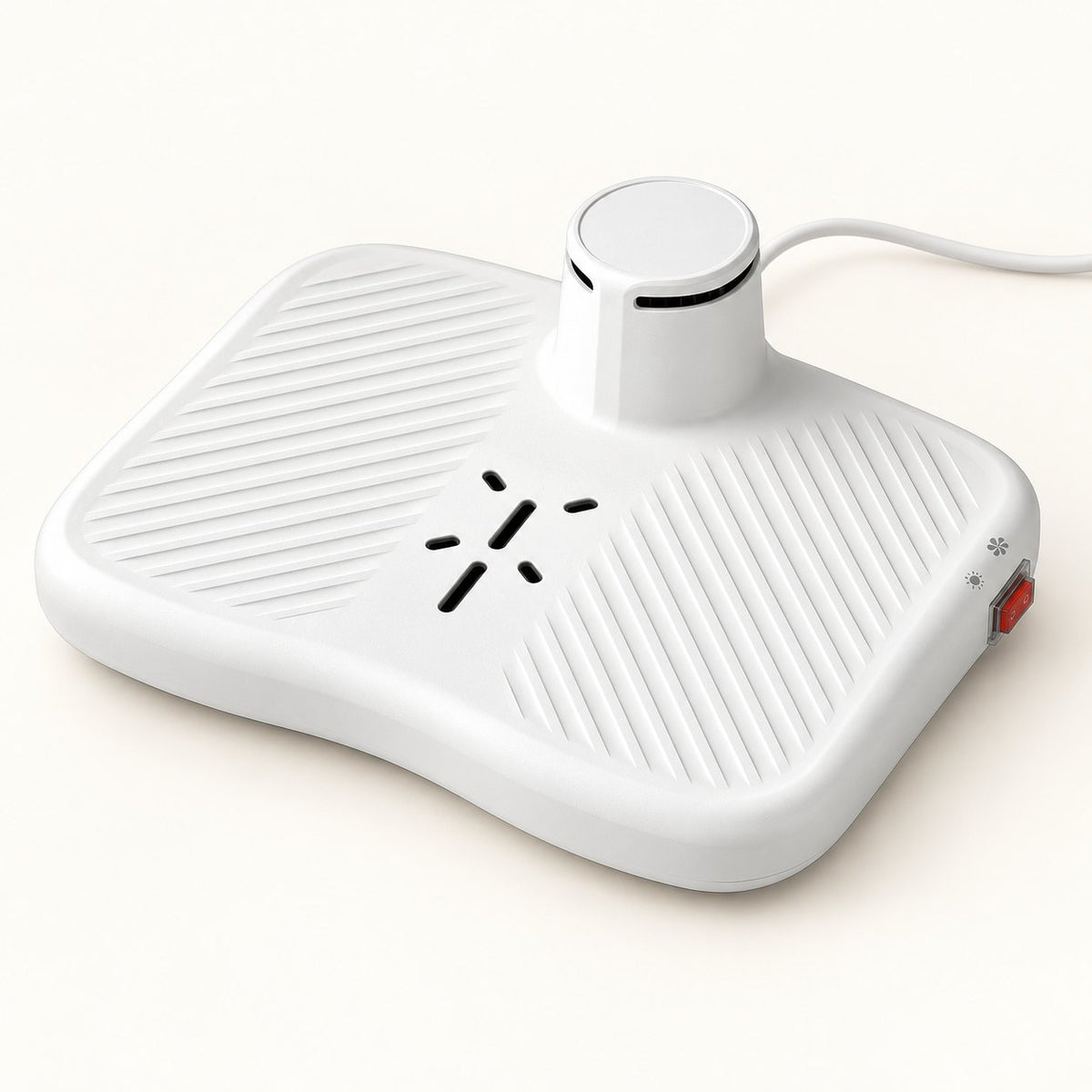 White step-on body dryer with a ribbed top, six air vents, a round column at the back and a red switch on the side