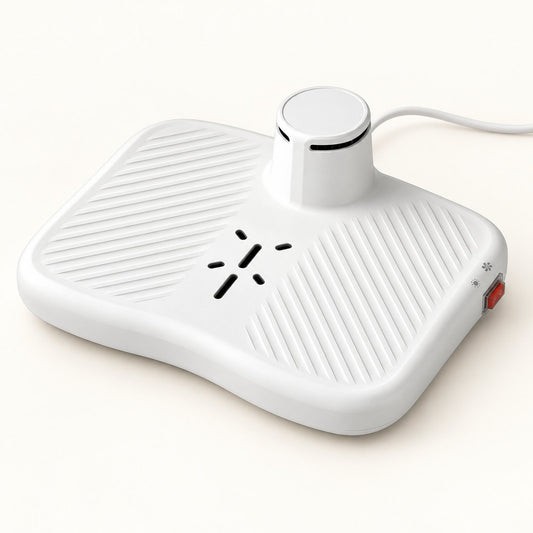White step-on body dryer with a ribbed top, six air vents, a round column at the back and a red switch on the side