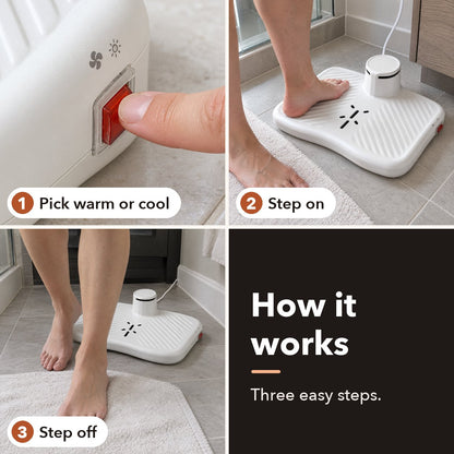 How it works: pick warm or cool with the red switch, step on, step off