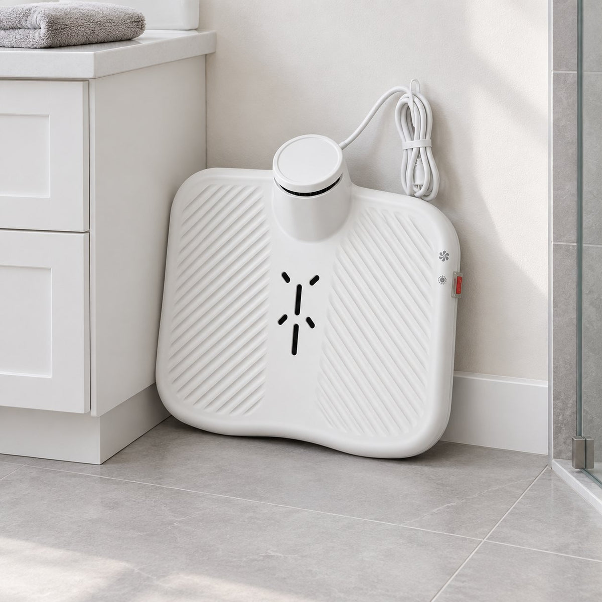 Body dryer stored upright against the bathroom wall next to the vanity, cord coiled