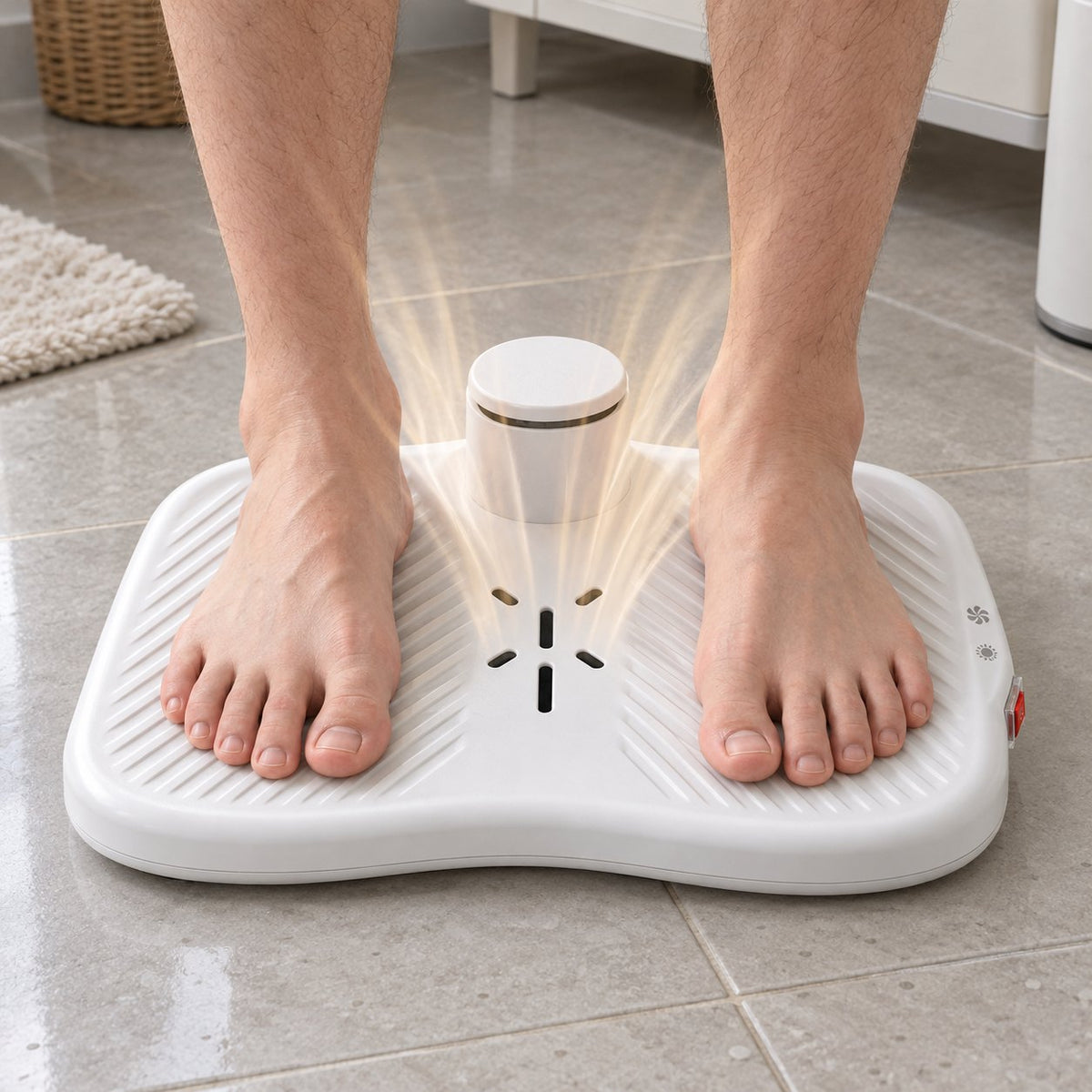 Bare feet on the body dryer with warm air rising between the toes