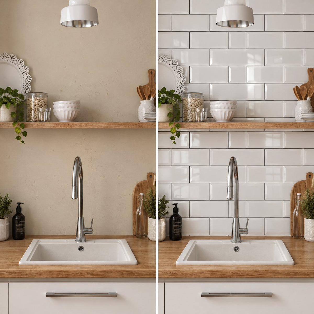 Same kitchen wall before and after the white subway tiles