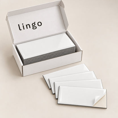 The lingo box of white subway tiles, a few loose tiles fanned out