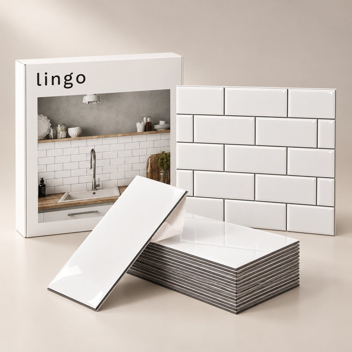 A stack of tiles and a sample panel with the lingo box