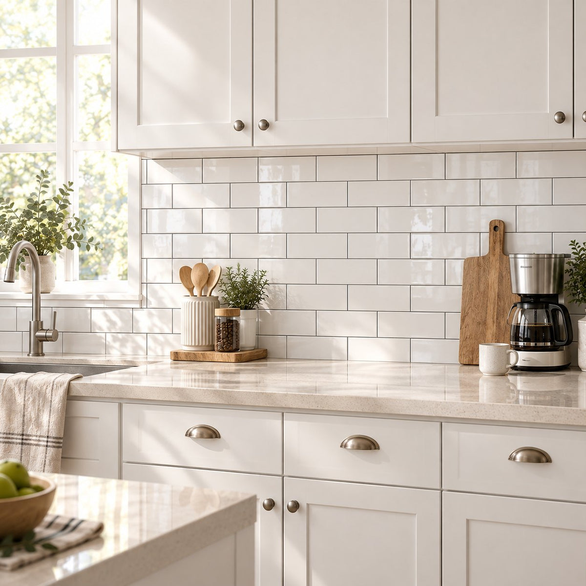 Bright kitchen with a white subway tile backsplash