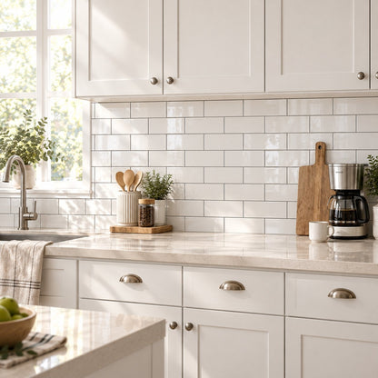 Bright kitchen with a white subway tile backsplash