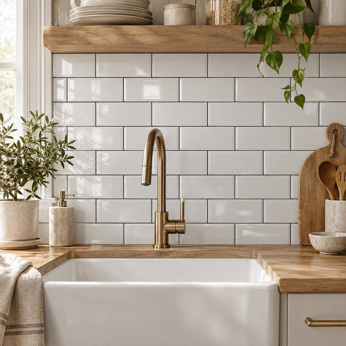 White subway tiles behind a farmhouse sink