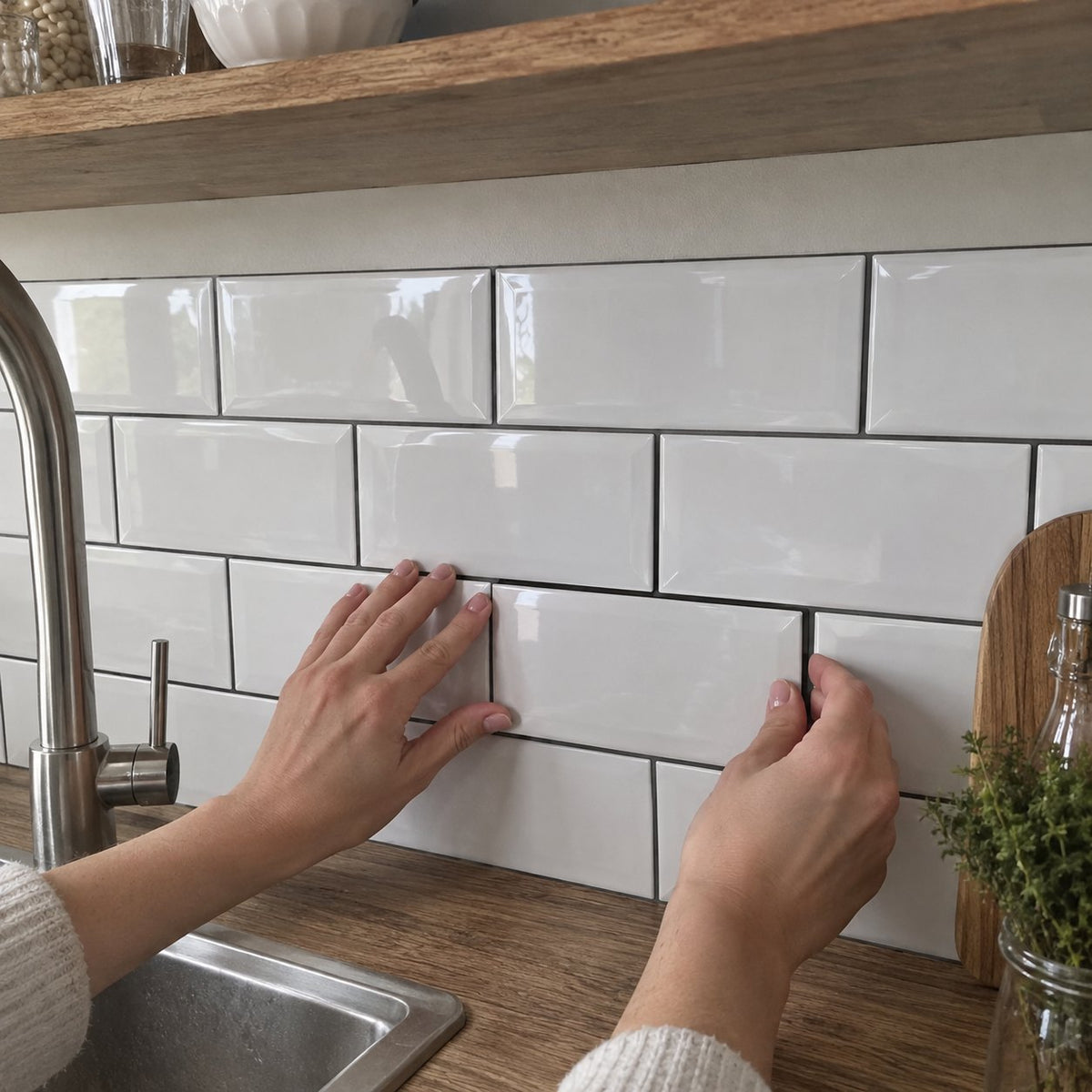 Pressing a tile on the wall