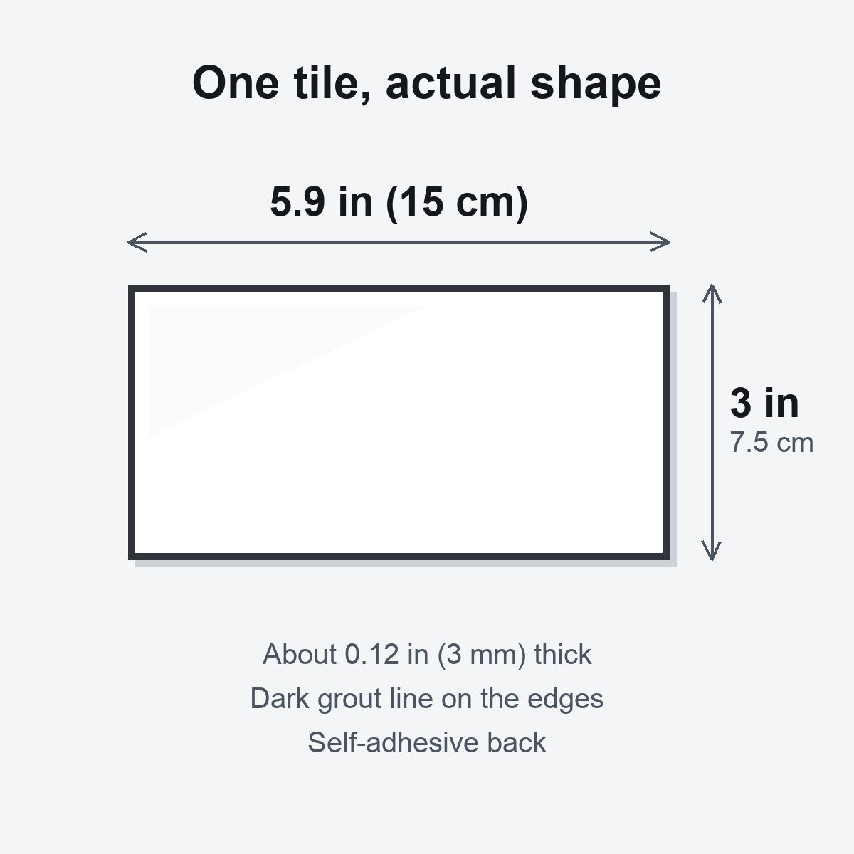 Drawing of one tile: 5.9 in by 3 in (15 by 7.5 cm), about 0.12 in thick