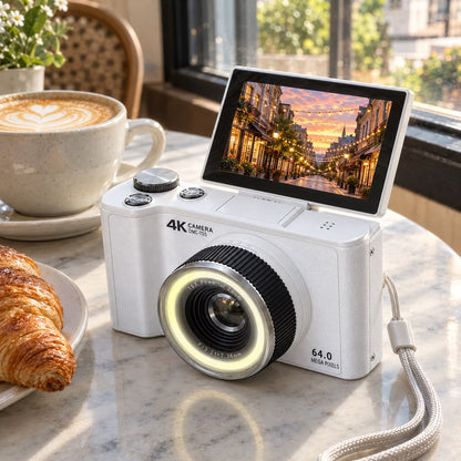 The white camera on a cafe table next to a latte