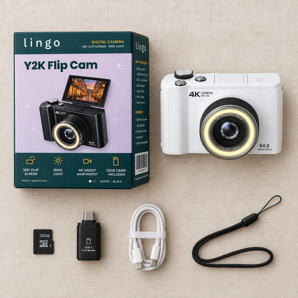 What's in the box: lingo box, camera, 32GB card, USB-C card reader, USB-C cable, wrist strap