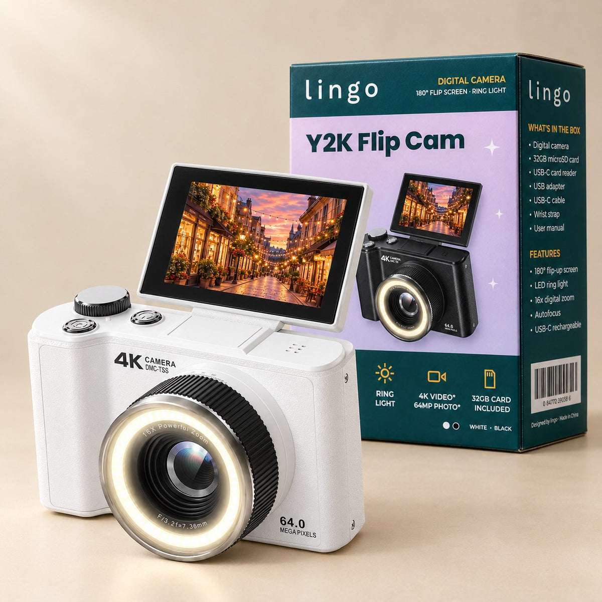 White lingo Y2K Flip Cam, screen flipped up and ring light on, in front of its lingo box
