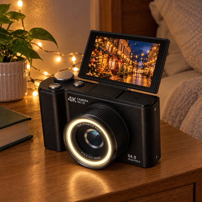 The black camera on a bedside table with fairy lights, ring light on