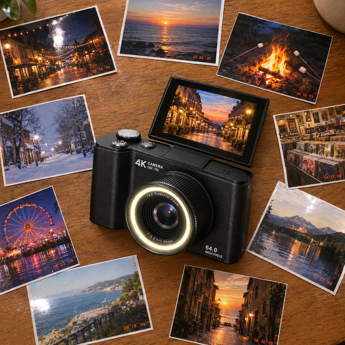 The black camera among printed photos with orange date stamps