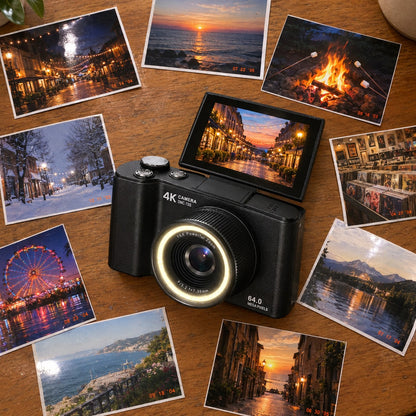 The black camera among printed photos with orange date stamps