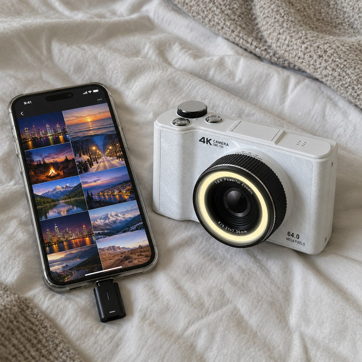The card reader plugged into a USB-C iPhone showing the photos, the camera next to it
