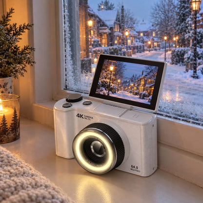 The white camera on a snowy windowsill