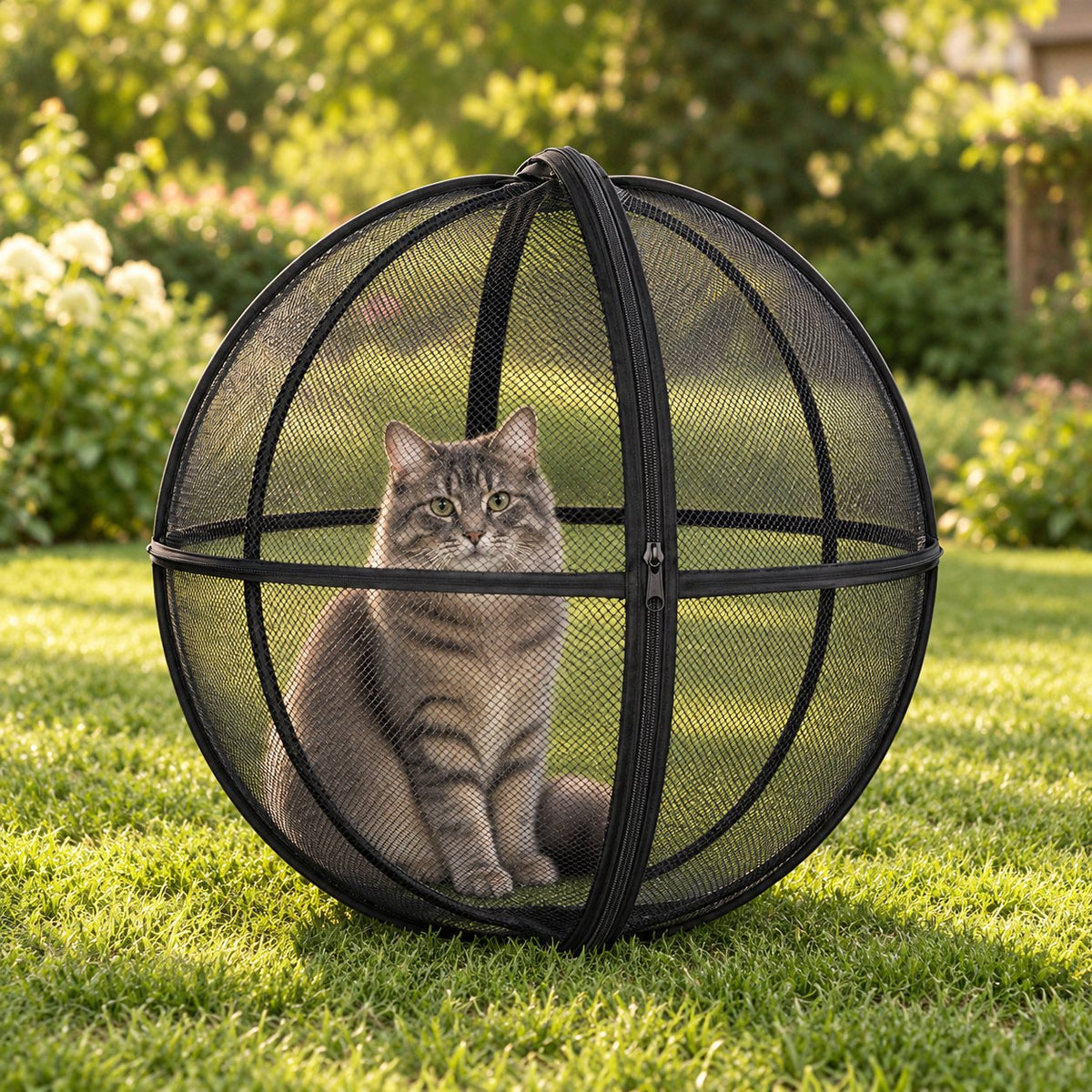 Grey tabby cat sitting inside the black mesh rolling playpen ball on a backyard lawn