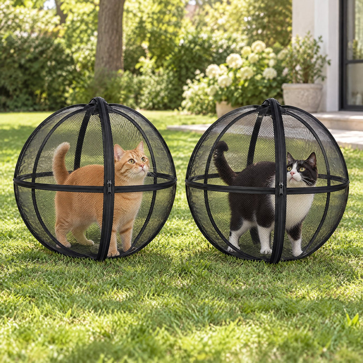 Two playpen balls on the grass, a cat in each