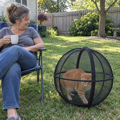 Woman with coffee watching her orange cat explore the lawn inside the playpen ball