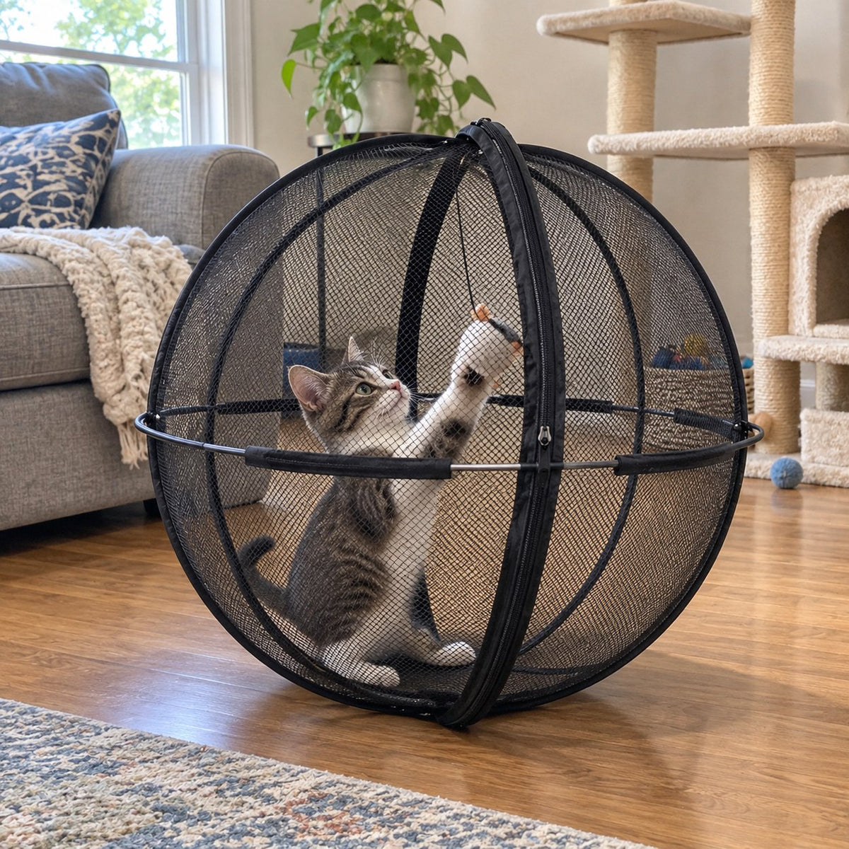 Tabby cat playing with a toy inside the playpen ball in a living room