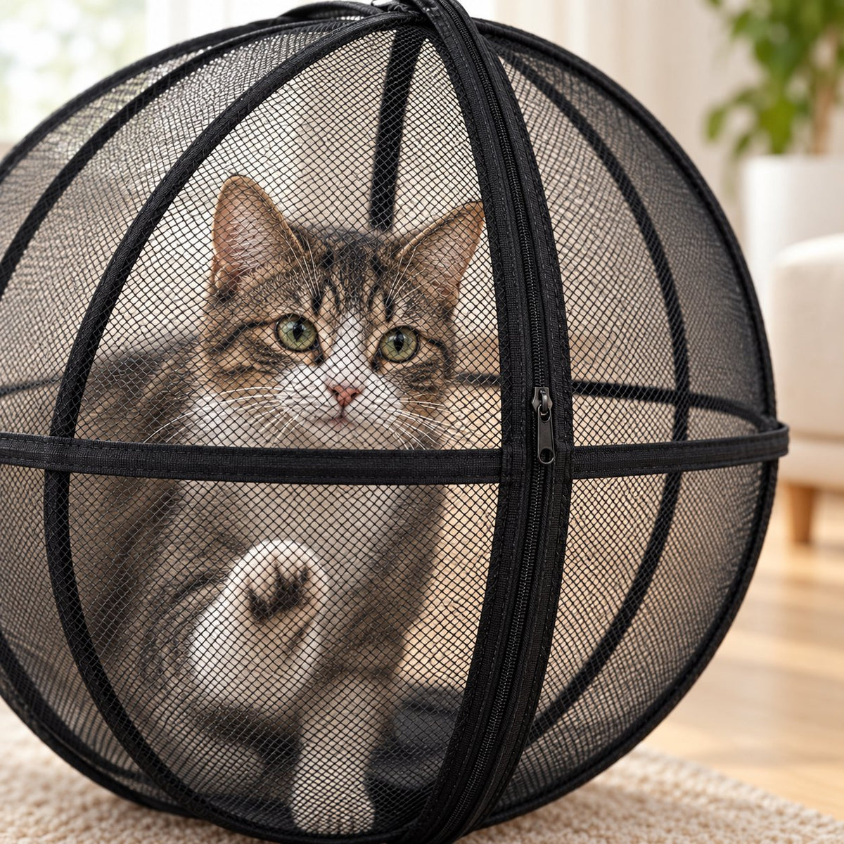 Close-up of the fine see-through mesh with a cat behind it