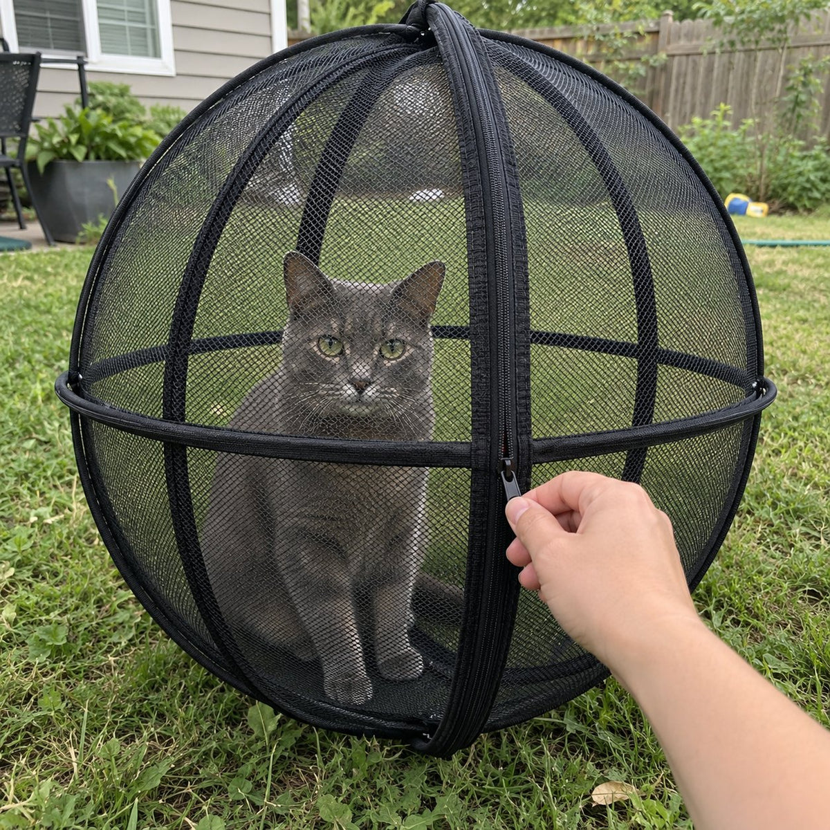 Zipping the playpen door closed with a grey cat inside
