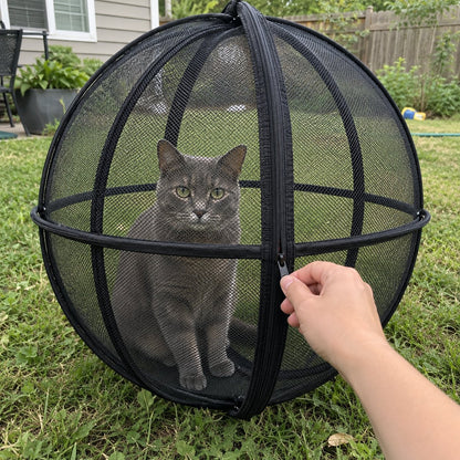 Zipping the playpen door closed with a grey cat inside