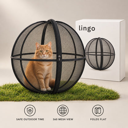 Rolling cat playpen ball with a cat inside and its lingo box: safe outdoor time, 360 mesh view, folds flat