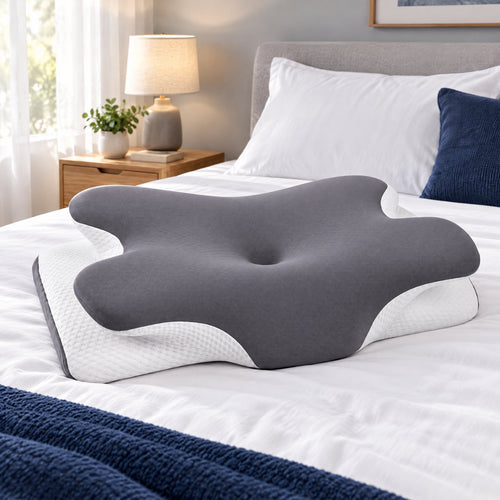 Ergonomic cervical contour pillow, gray top and white mesh sides, on a made bed