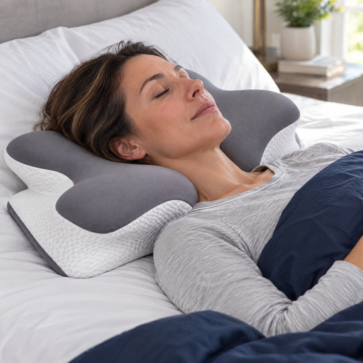 Woman asleep on her back, head in the center hollow of the contour pillow