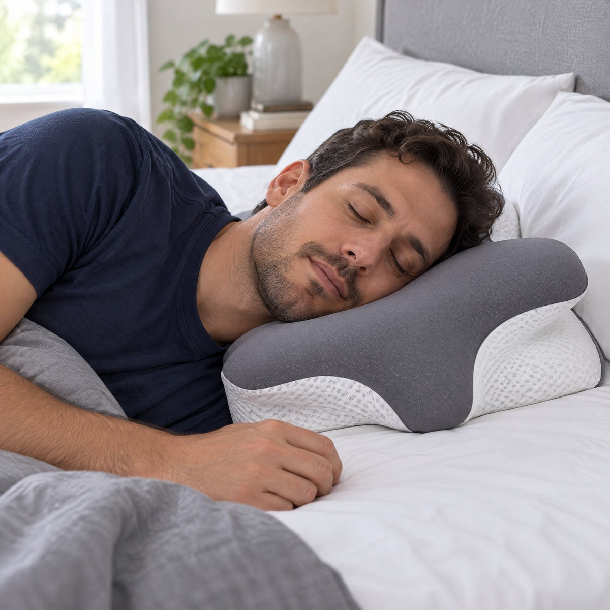 Man asleep on his side, head on the raised side wing of the contour pillow