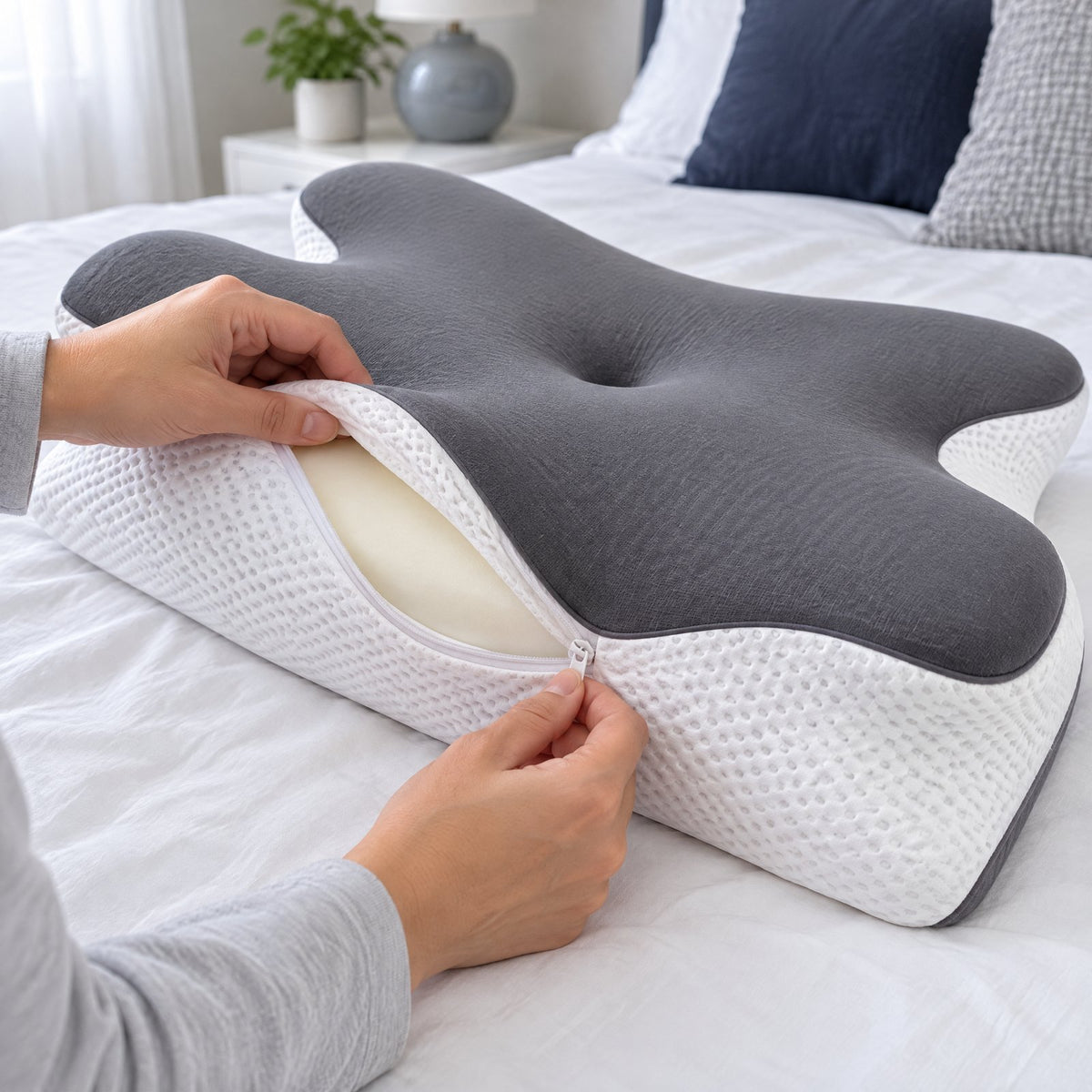 Hands unzipping the removable mesh cover of the contour pillow