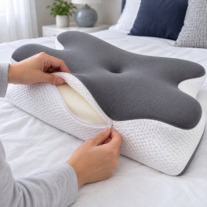 Hands unzipping the removable mesh cover of the contour pillow