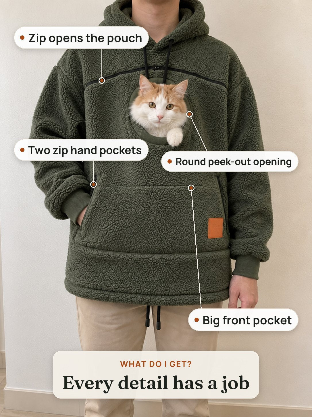 Front view of the hoodie with the cat inside: chest zip, round opening, zip hand pockets and big front pocket labeled